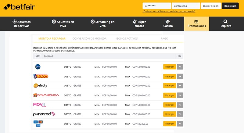 deposito betfair colombia